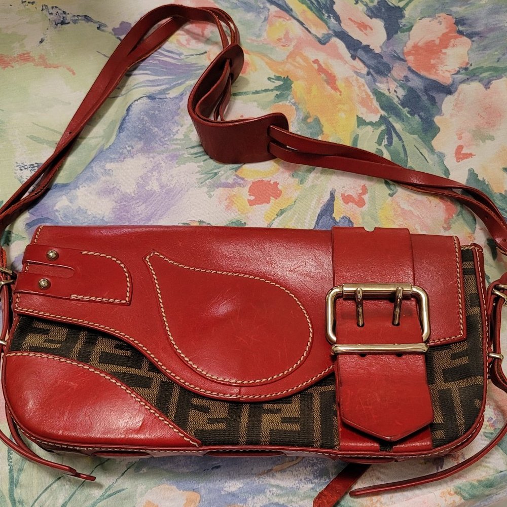 VINTAGE RED FENDI ZUCCA HANDBAG, PURSE, SHOULDER BAG , LATE 1990'S
